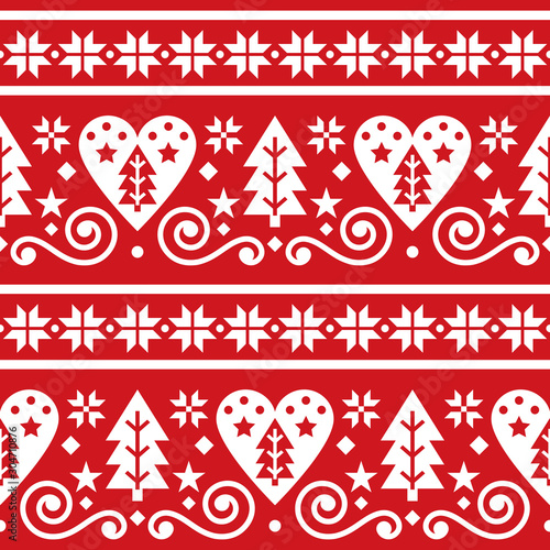 Scandinavian Christmas folk seamless vector pattern, repetitive floral cute Nordic design with Christmas trees, snowflakes and hearts in white on red background
