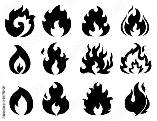 Fire flame icon. Black icon isolated on white background.  