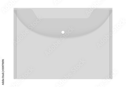 Transparent empty plastic envelope folder with snap button, realistic vector mockup. Clear file case, template