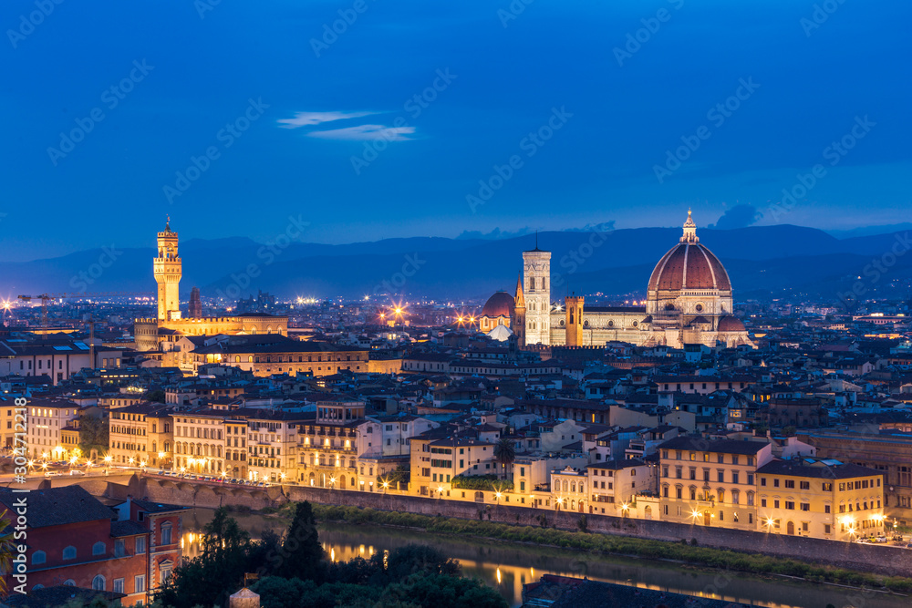 Night view of the Basilica di Santa Maria del Fiore and city hall, Florence, Italy
