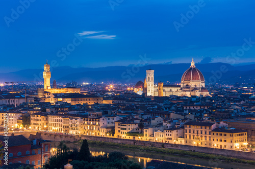 Night view of the Basilica di Santa Maria del Fiore and city hall, Florence, Italy