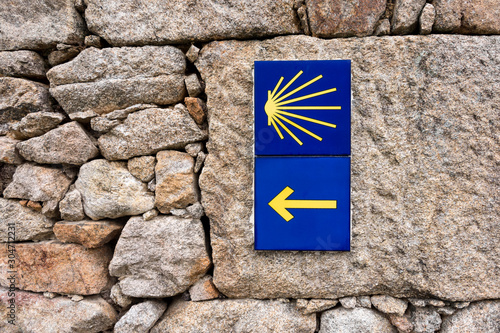 Slika na platnu Yellow scallop shell, touristic symbol of the Camino de Santiago showing direction on Camino Norte in Spain