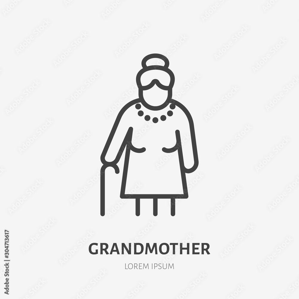 Old woman line icon, vector pictogram of grandmother with stick. Elderly care illustration, people sign Old woman line icon, vector pictogram of grandmother with stick. Elderly care illustration, people sign