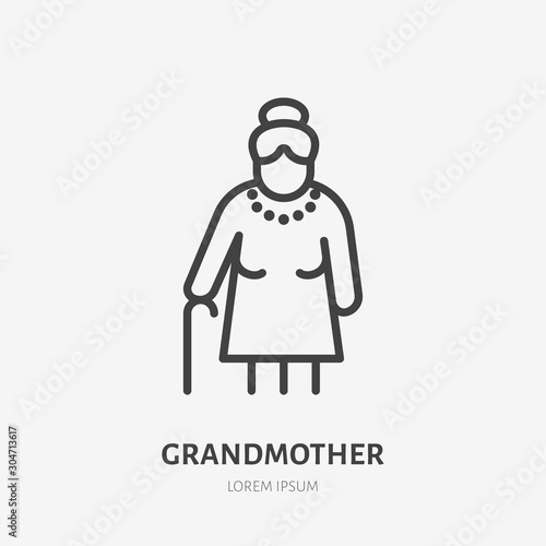 Old woman line icon, vector pictogram of grandmother with stick. Elderly care illustration, people sign