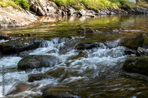 A rapid in a river in the Grand Smoky Mountains National Park with the green reflection of the forest in the water