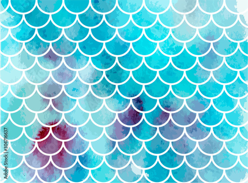 Blue mermaid scales. Watercolor fish scales. Underwater sea pattern. Vector illustration. Perfect for print design for textile, poster, greeting card, invitation.