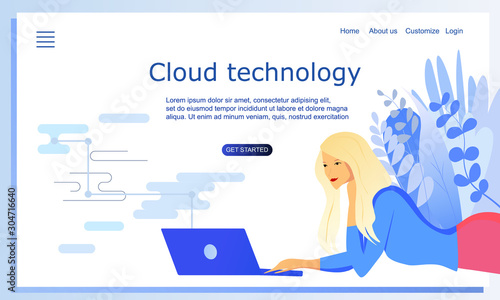 Concept of cloud technology, computer technology. Vector flat illustration. Pretty blond hair girl laying   with a laptop. Template of landing page. Header for website. 