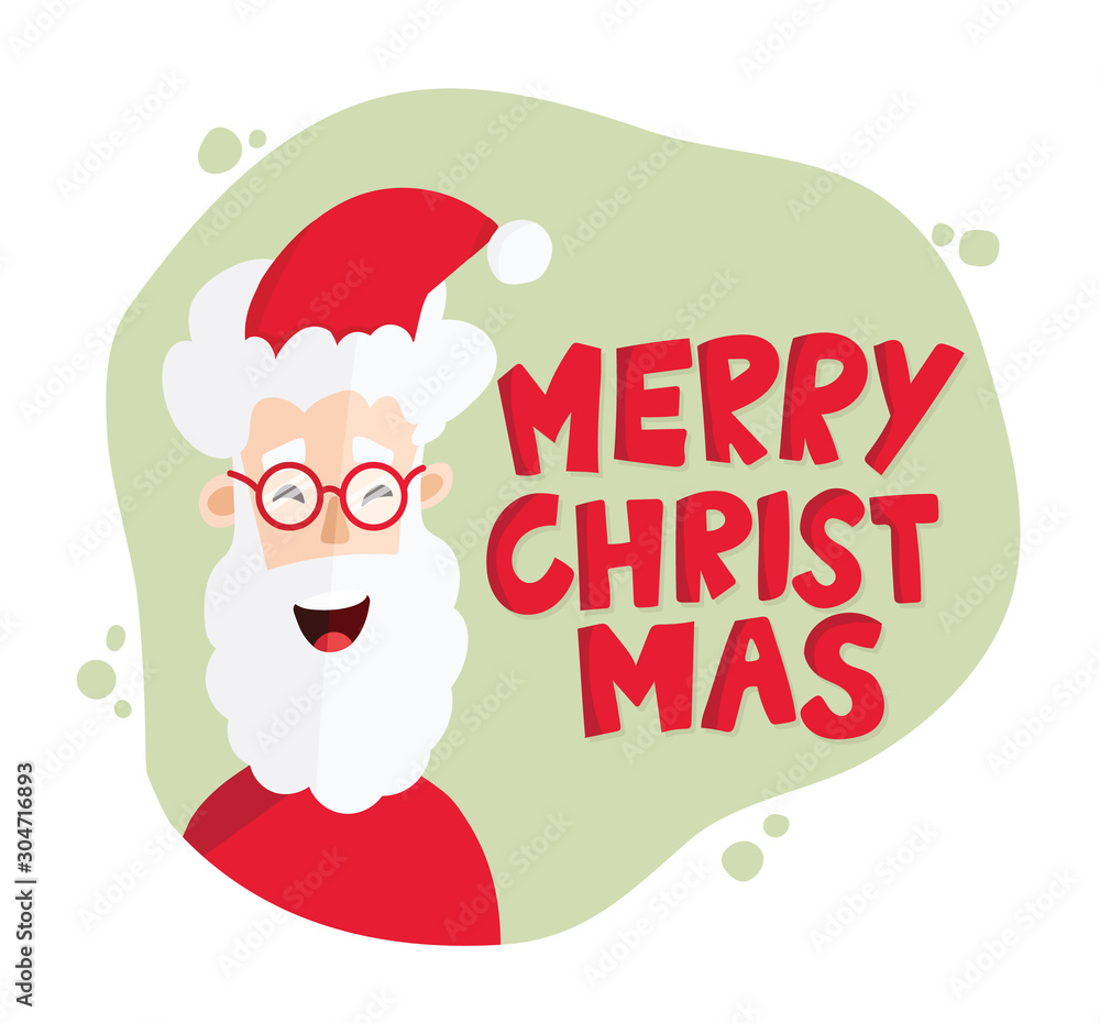 Laughing Santa Claus with big white beard and red glasses, red hat on green background with Merry Christmas lettering. Laughing Santa Claus with big white beard and red glasses, red hat on green background with Merry Christmas lettering.