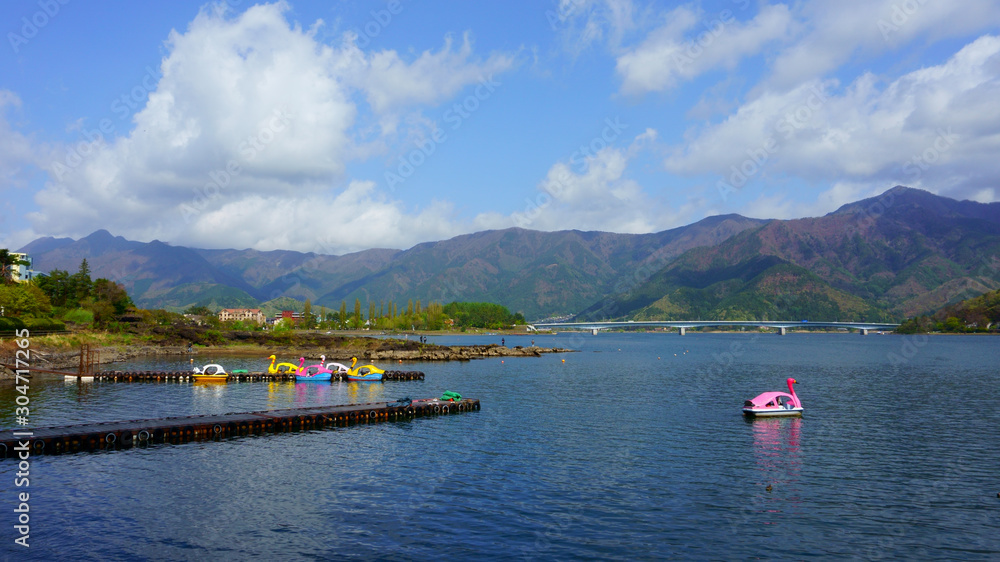Blue sky and blue lake. Landscape beautiful Lake Kawaguchiko, Japan