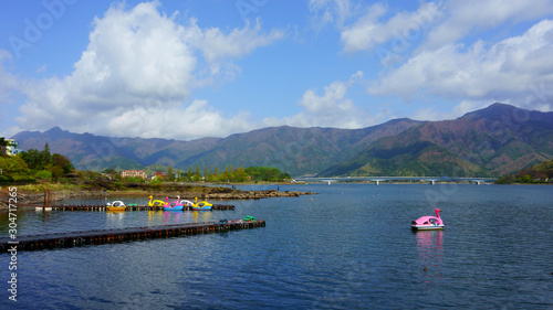 Blue sky and blue lake. Landscape beautiful Lake Kawaguchiko, Japan