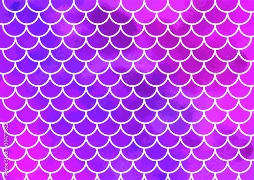 Purple mermaid scales. Watercolor fish scales. Underwater sea pattern. Vector illustration. Perfect for print design for textile, poster, greeting card, invitation.