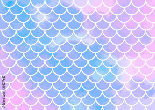 Pink-blue mermaid scales. Watercolor fish scales. Underwater sea pattern. Vector illustration. Perfect for print design for textile, poster, greeting card, invitation.