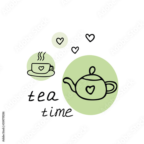 teapot and cups with a heart in hand drawn scandinavian simple liner style. design with circles.