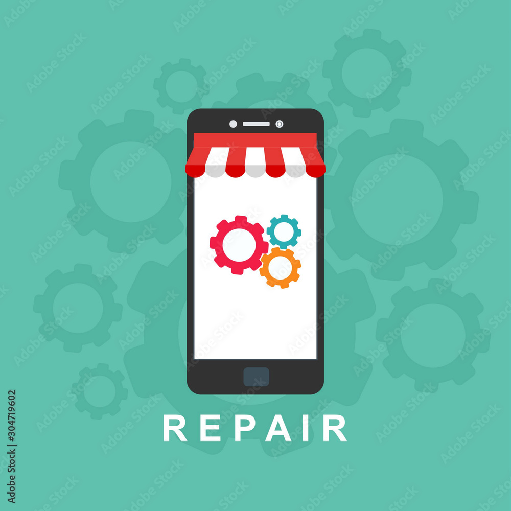 Concept of mobile phone repair. Horizontal banner with smartphone and tools. Service electronic technic. Colorful vector background with place for text. Concept of mobile phone repair. Horizontal banner with smartphone and tools. Service electronic technic. Colorful vector background with place for text.