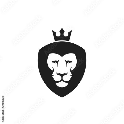 Lion head with crown. Logo. Isolated lion on white background