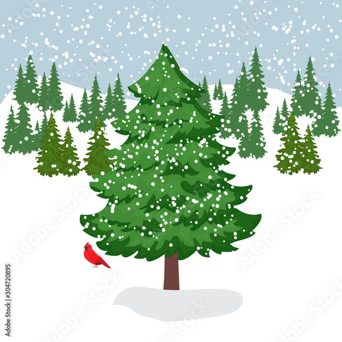 Vector illustration of a winter snow covered forest clearing with a large beautiful fir tree in the foreground