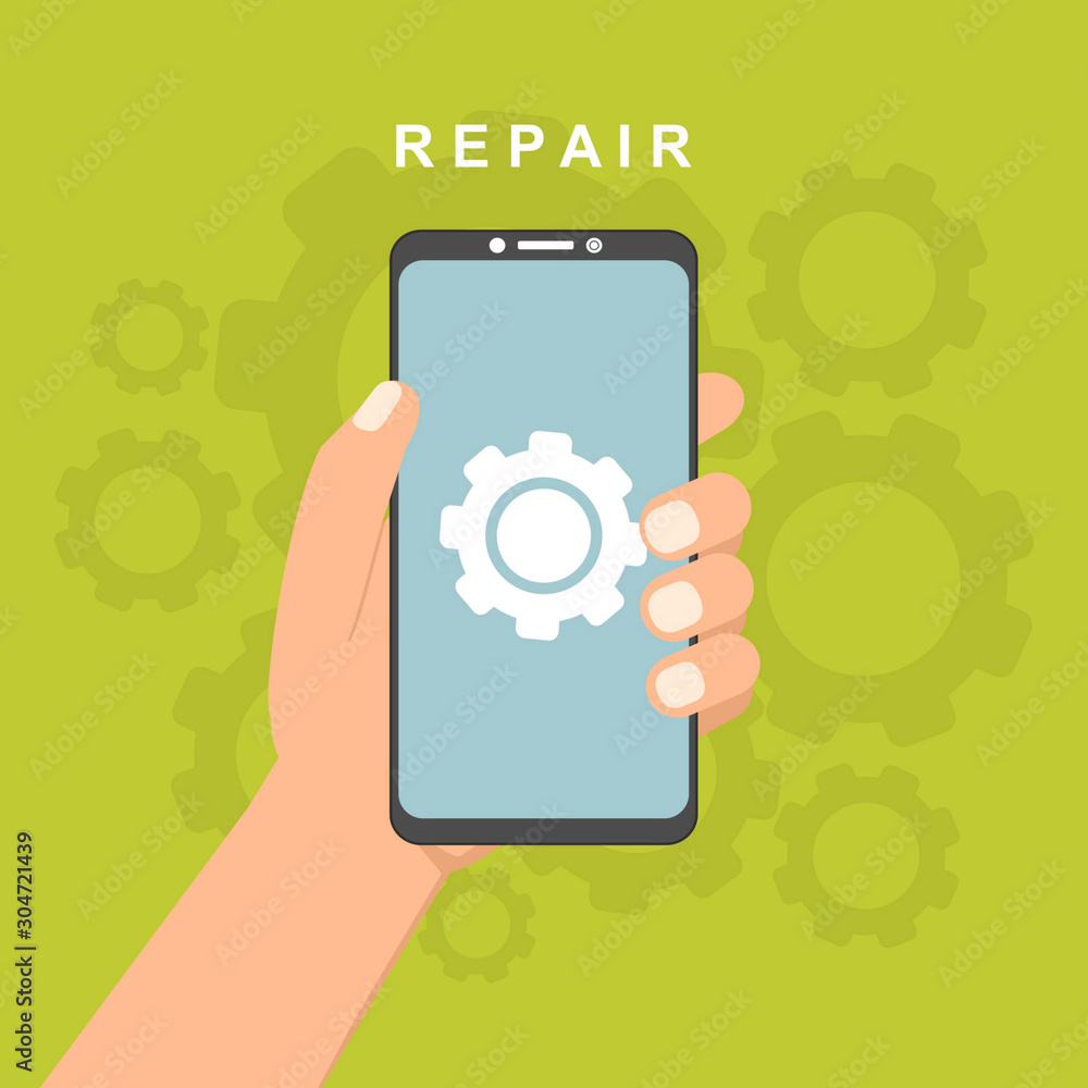 Phone repair with workers and equipment.easy to use and highly customizable. Modern vector illustration concept, isolated on colored background.