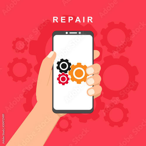 Phone repair with workers and equipment.easy to use and highly customizable. Modern vector illustration concept, isolated on colored background.