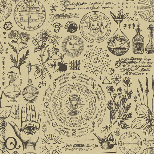 Vector seamless pattern on the theme of medicine and herbal treatment in retro style. Repeatable background with hand-drawn sketches, unreadable notes, various herbs and old medical symbols, blots.