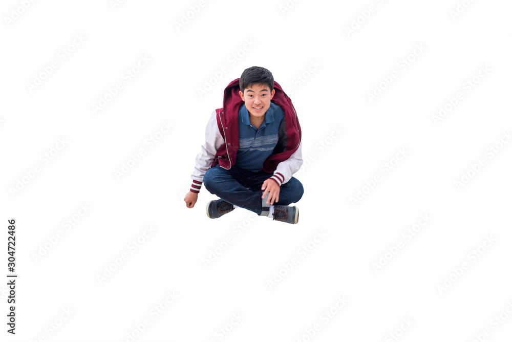 Young boys high jump happily, White background Young boys high jump happily, White background
