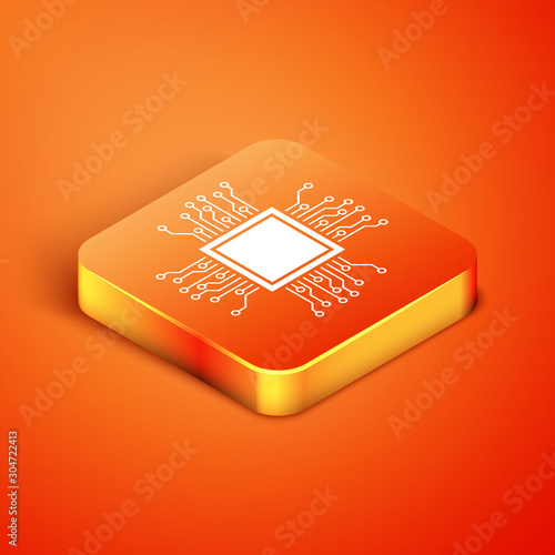 Isometric Processor icon isolated on orange background. CPU, central processing unit, microchip, microcircuit, computer processor, chip. Vector Illustration