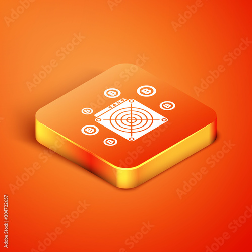 Isometric ASIC Miner icon isolated on orange background. Cryptocurrency mining equipment and hardware. Application specific integrated circuit. Vector Illustration