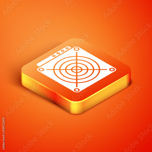 Isometric ASIC Miner icon isolated on orange background. Cryptocurrency mining equipment and hardware. Application specific integrated circuit. Vector Illustration