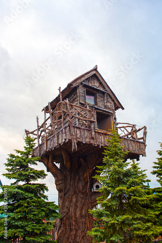 A small wooden house built on a tree in a not bright weather day