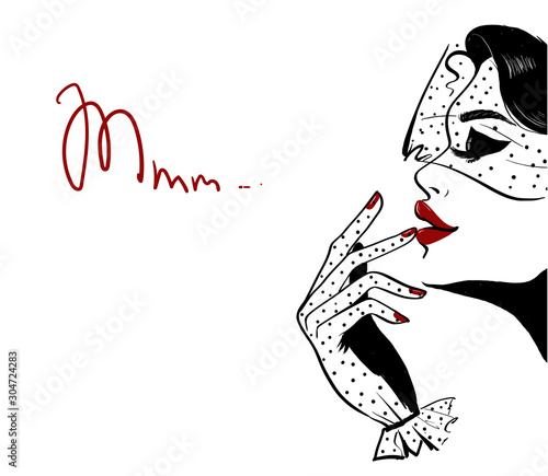 Profile of woman in dots veil and red lips