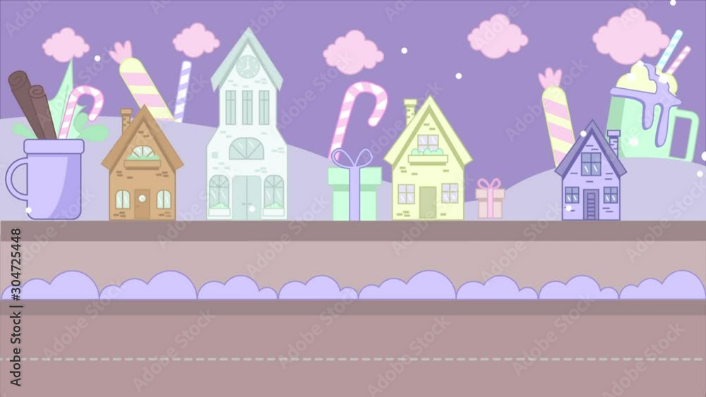 Animated cartoon video clip with a Christmas car. A track rides around the Christmas town. The car rides around the holiday city with sweets. Pastel color. The video shows snowfall. Quality 4K, HD, SD Animated cartoon video clip with a Christmas car. A track rides around the Christmas town. The car rides around the holiday city with sweets. Pastel color. The video shows snowfall. Quality 4K, HD, SD