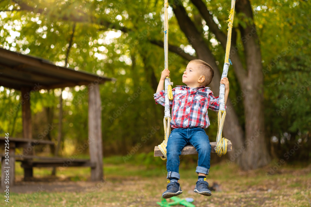 Little boy riding a swing in a green park. Happy childhood. Little boy riding a swing in a green park. Happy childhood.