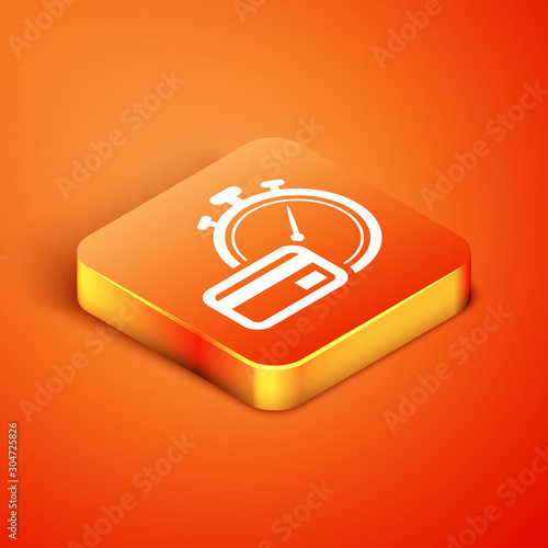 Isometric Fast payments icon isolated on orange background. Fast money transfer payment. Financial services, fast loan, time is money, cash back concept. Vector Illustration