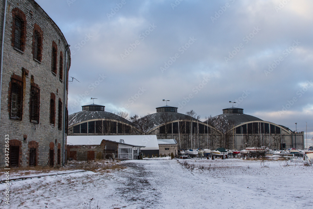 View of the abandoned Tallinn Battery Prison building in winter. Estonia