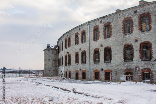 View of the abandoned Tallinn Battery Prison building in winter. Estonia