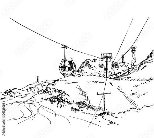 Snowy mountains with lifts. Line art style.