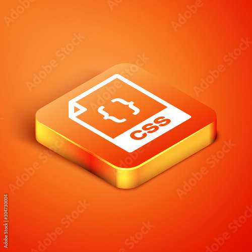 Isometric CSS file document. Download css button icon isolated on orange background. CSS file symbol. Vector Illustration
