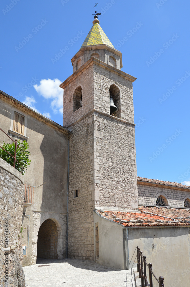 Sepino, Italy, 08/14/2017. The bell tower of the church of a small village in the Molise region