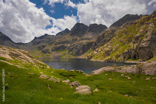 French Alps at an altitude of 2800 meters, Mountain peaks and untouched nature, clear lakes