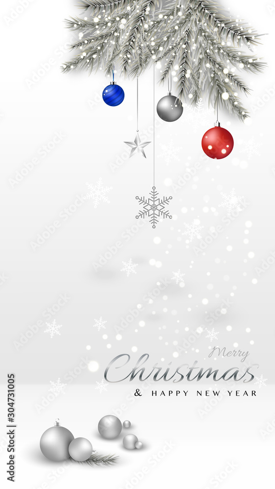 Merry Christmas minimal with Xmas Balls and pine leaves covered in snow Merry Christmas minimal with Xmas Balls and pine leaves covered in snow