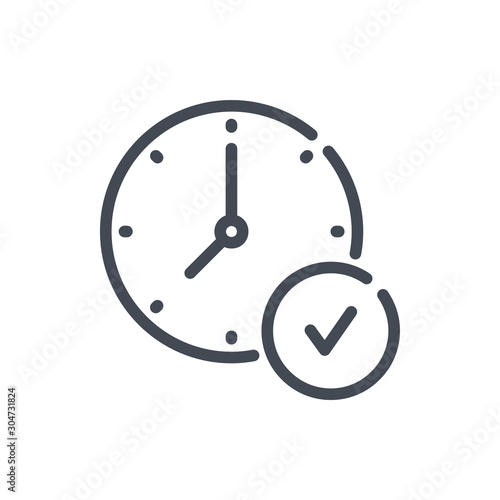 Time and clock with check button line icon. Watch and time management vector outline sign.