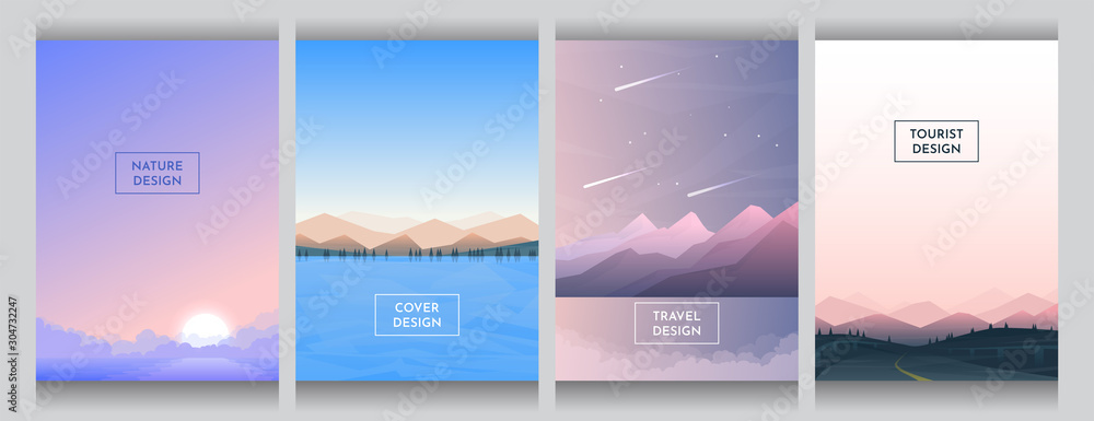 Abstract vector covers set. A4 template. Gradient color backdrop. Futuristic flat style. Backgrounds set. UI design. Sunset with fog, mountains and forest near water, evening scene, countryside road. - obrazy, fototapety, plakaty 