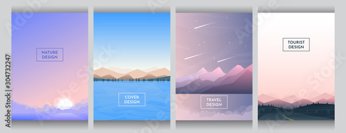 Abstract vector covers set. A4 template. Gradient color backdrop. Futuristic flat style. Backgrounds set. UI design. Sunset with fog, mountains and forest near water, evening scene, countryside road.
