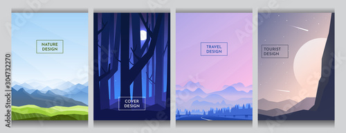 Green meadow and blue mountains, moon light behind night forest trees, gradient wavy hill near road, abstract  huge sunset at minimalist style. Flat backgrounds set. Cover template design. Page layout