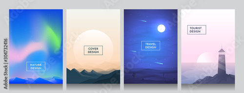 Vector flat style background set. Abstract cover. Gradient poster. Polar light, Himalaya mountains, night desert and lighthouse near water. A4 landscape. UI polygonal futuristic design concept. 