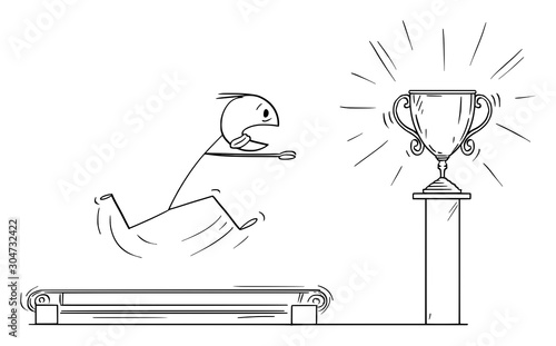 Vector cartoon stick figure drawing conceptual illustration of man or businessman running on the treadmill trying to achieve success trophy. Concept of hopeless effort.