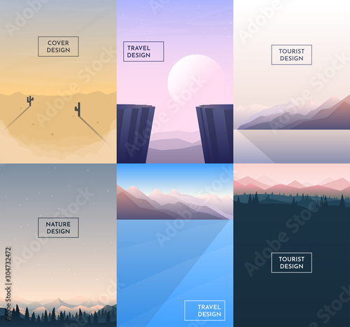 Flat backgrounds set. Desert, canyon, mountains near water, forest and Himalayas, tress with pink hills. Cover design. Page layout. Vector template with copy space. Blue and pink bright wallpapers