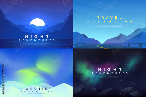 Vector abstract background set. Minimalist style. Flat concept. 4 landscapes collection. Clouds by the water, road between mountains, aurora in the Arctic, night boreal. Website template. UI design. 