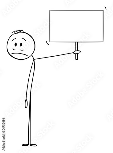 Vector cartoon stick figure drawing conceptual illustration of frustrated or sad man or businessman holding empty sign.