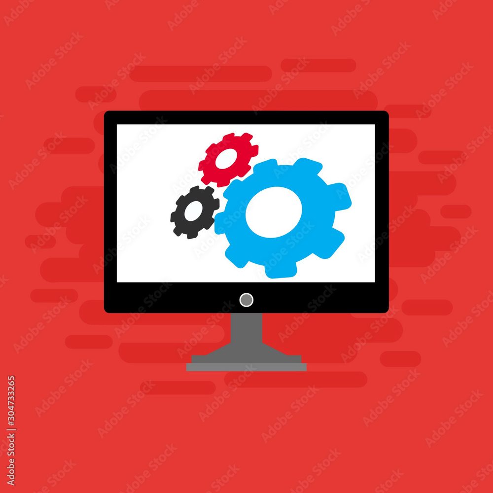 Laptop and gear icon isolated on colored background. Laptop service concept. Adjusting app, setting options, maintenance, repair, fixing. Vector Illustration Laptop and gear icon isolated on colored background. Laptop service concept. Adjusting app, setting options, maintenance, repair, fixing. Vector Illustration