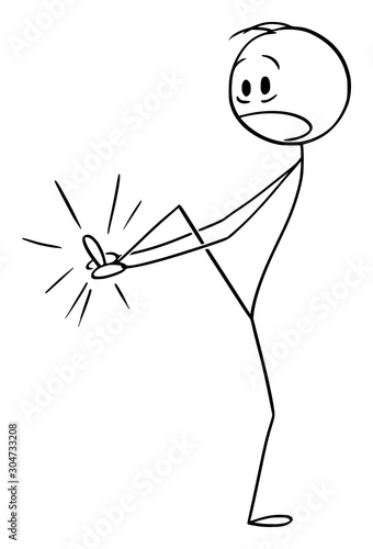 Vector cartoon stick figure drawing conceptual illustration of man suffering pain and holding his injured foot.